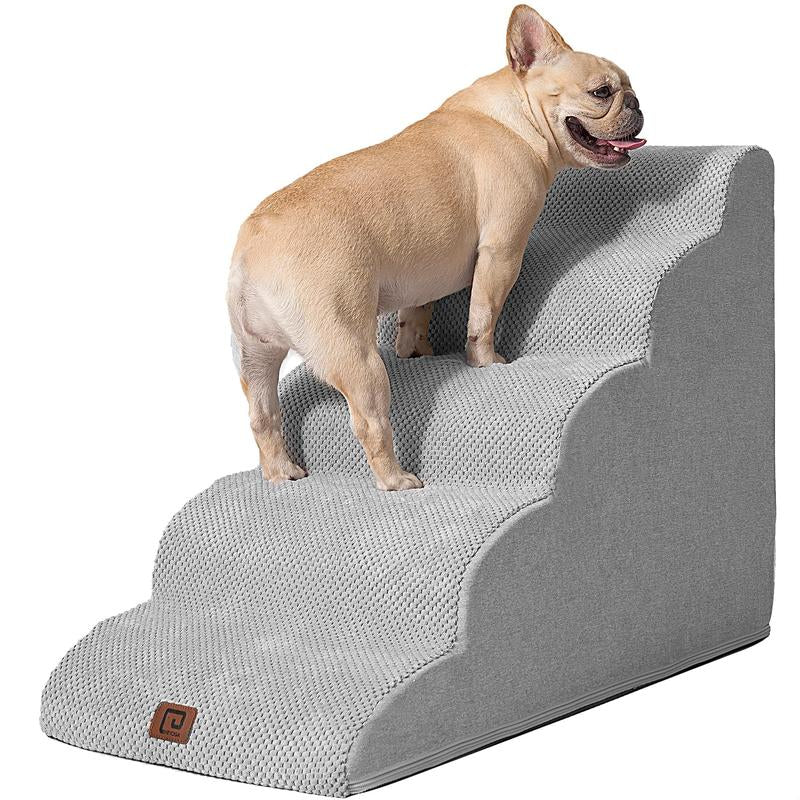 Curved Dog Stairs, 3-5 Steps Pet Stairs with Zipper Design, Compactble Dog Steps for High Beds, Couch Sofa and Chair, Non-Slip Balanced Pet Steps with Handles