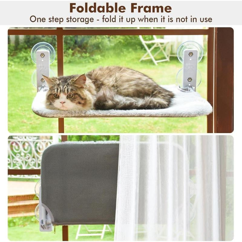 Cordless Cat Window Perch, Cat Hammock with 4 Suction Cups, Solid Metal Frame and Reversible Cover, Foldable Cat Bed for Indoor Cats, Supports 30 Lbs, Dimensions: 23.8 X 6.9 X 11.8 Inches