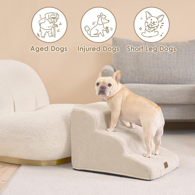 Curved Dog Stairs, 3-5 Steps Pet Stairs with Zipper Design, Compactble Dog Steps for High Beds, Couch Sofa and Chair, Non-Slip Balanced Pet Steps with Handles