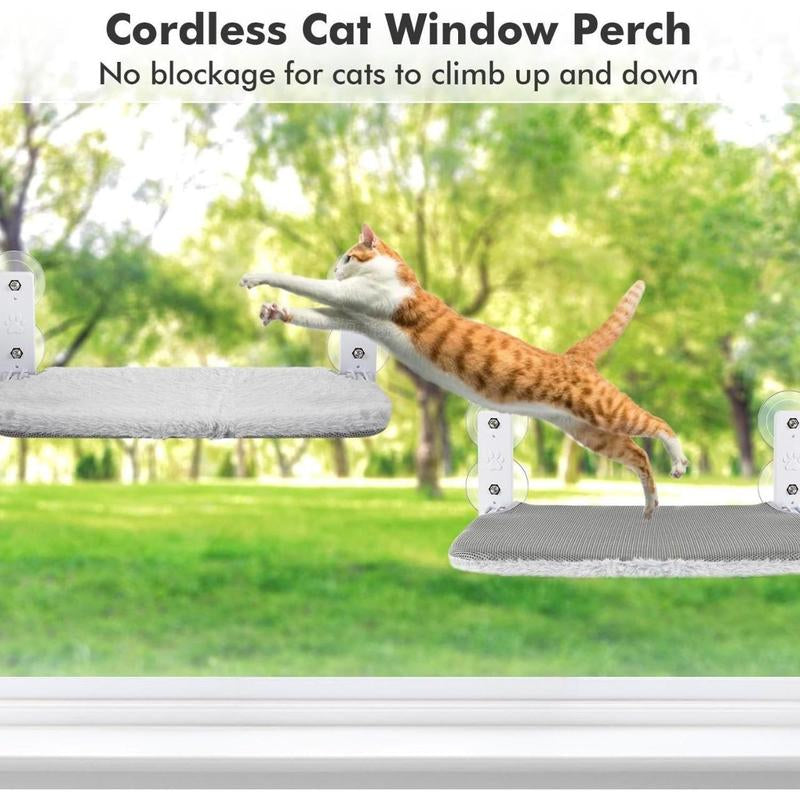 Cordless Cat Window Perch, Cat Hammock with 4 Suction Cups, Solid Metal Frame and Reversible Cover, Foldable Cat Bed for Indoor Cats, Supports 30 Lbs, Dimensions: 23.8 X 6.9 X 11.8 Inches