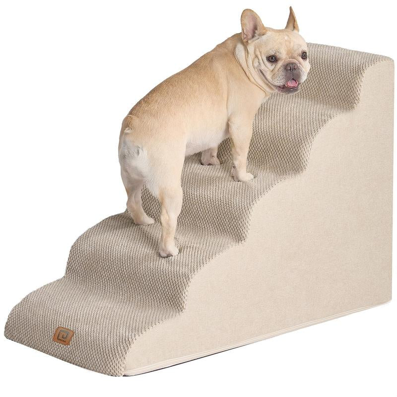 Curved Dog Stairs, 3-5 Steps Pet Stairs with Zipper Design, Compactble Dog Steps for High Beds, Couch Sofa and Chair, Non-Slip Balanced Pet Steps with Handles