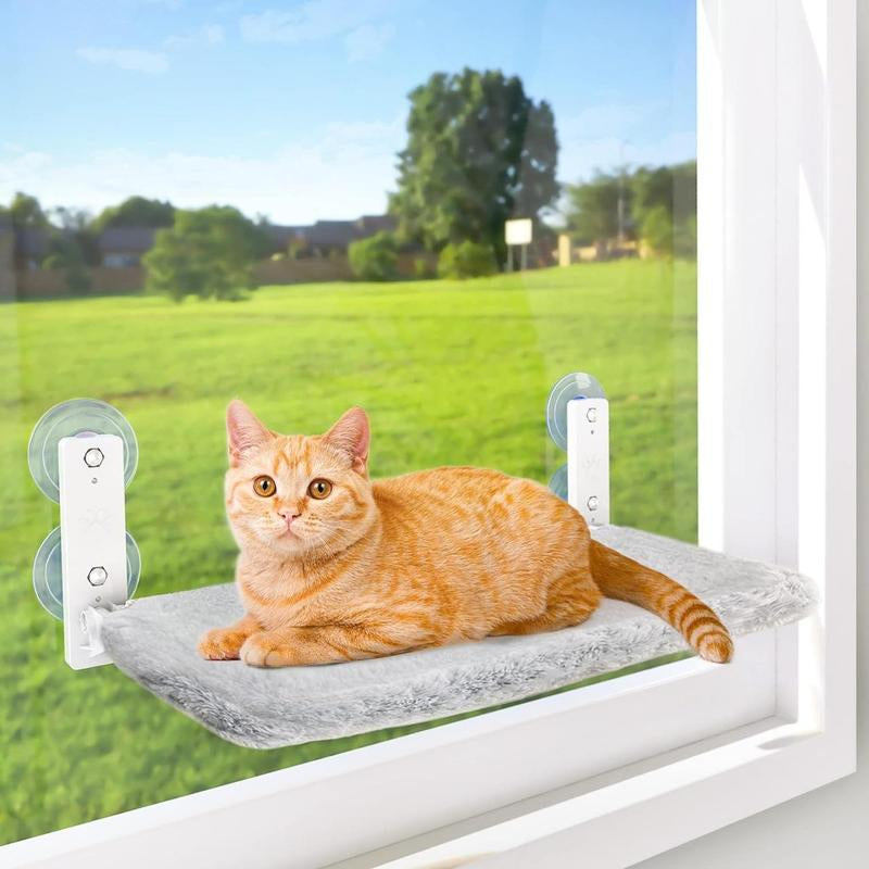 Cordless Cat Window Perch, Cat Hammock with 4 Suction Cups, Solid Metal Frame and Reversible Cover, Foldable Cat Bed for Indoor Cats, Supports 30 Lbs, Dimensions: 23.8 X 6.9 X 11.8 Inches